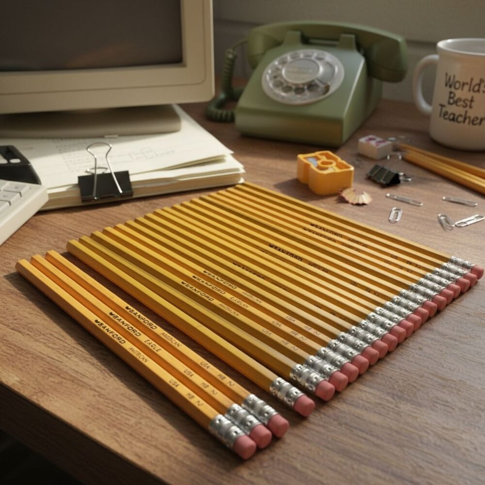 Vintage SANFORD #2 Yellow Pencils Lot of 20 Unused USA with Bamboo Tray Holder